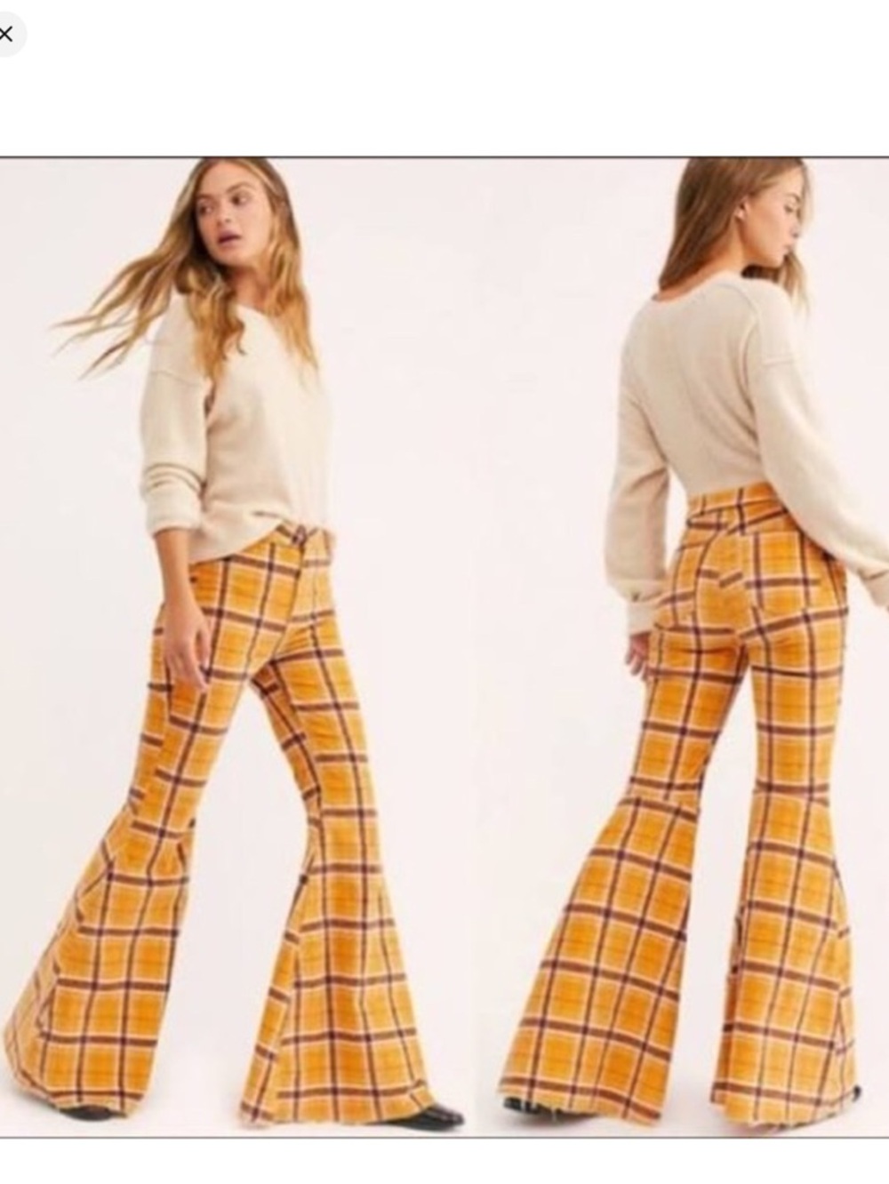 Free People women’s Yellow Plaid Wide Leg Flare Pants Size 32 Retro - Picture 15 of 15